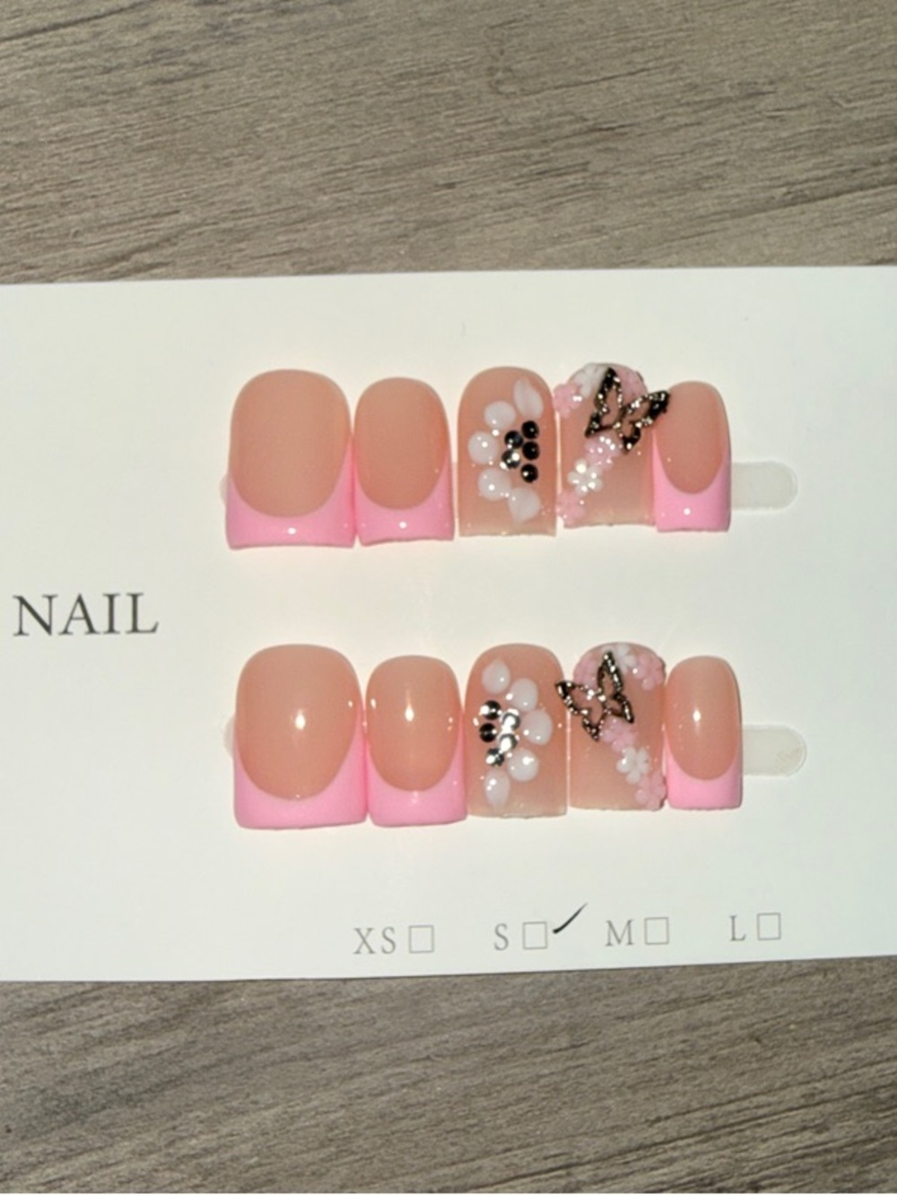 Pink French Press-On Nails with Floral Rhinestone Accents